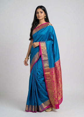 Blue Handloom Kanjivaram Pure Silk Saree With Blouse Piece