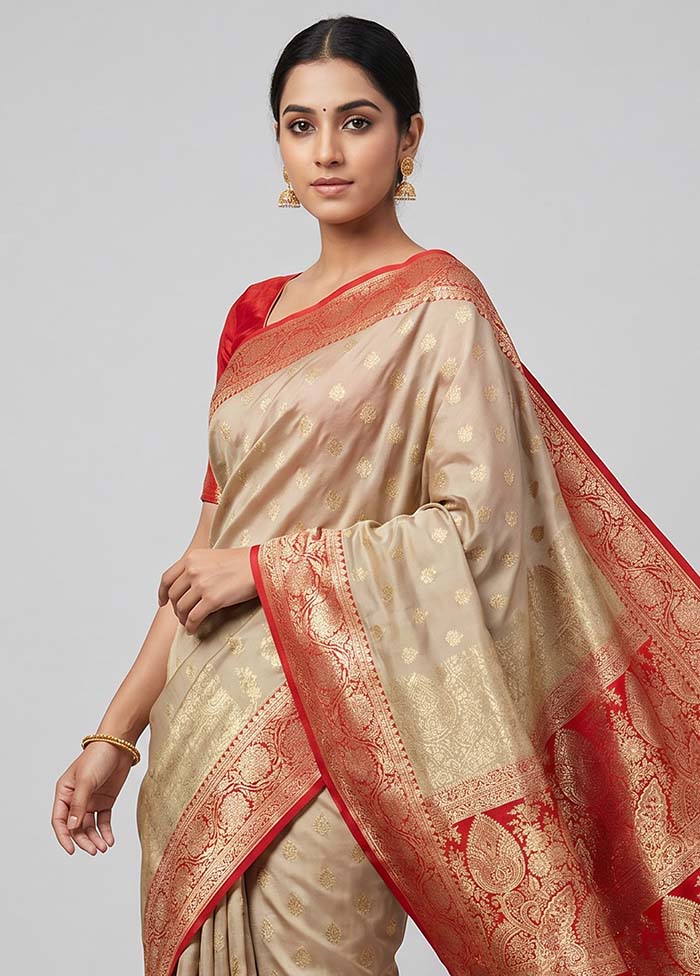 Cream Banarasi Silk Saree With Blouse Piece