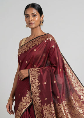 Maroon Banarasi Silk Saree With Blouse Piece