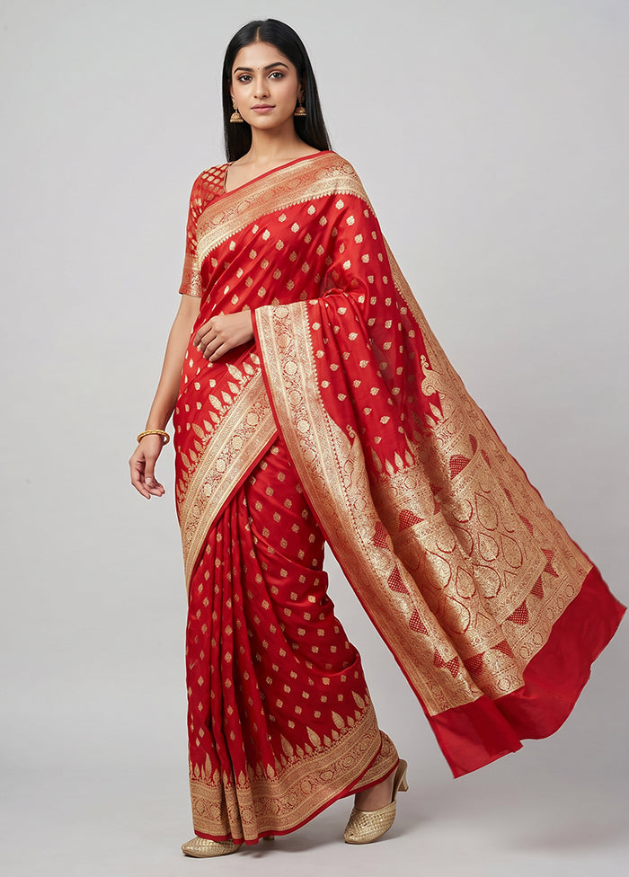 Red Banarasi Silk Saree With Blouse Piece