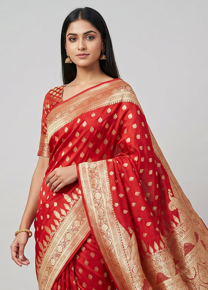 Red Banarasi Silk Saree With Blouse Piece