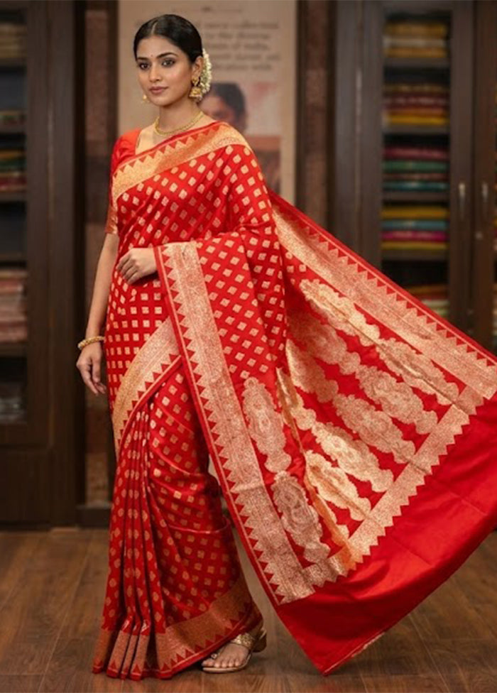 Red Banarasi Silk Saree With Blouse Piece