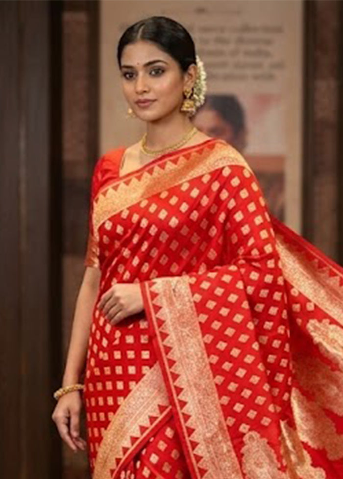 Red Banarasi Silk Saree With Blouse Piece