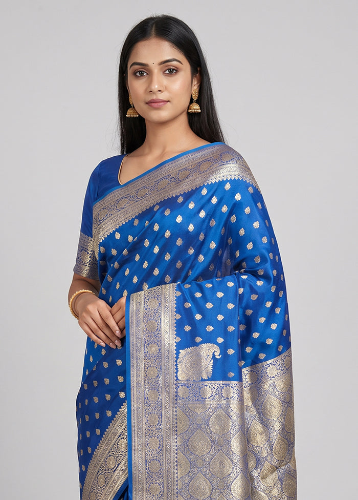 Blue Banarasi Silk Saree With Blouse Piece