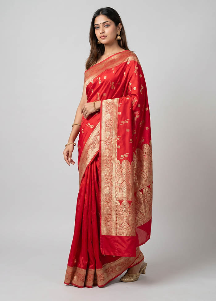Red Banarasi Silk Saree With Blouse Piece