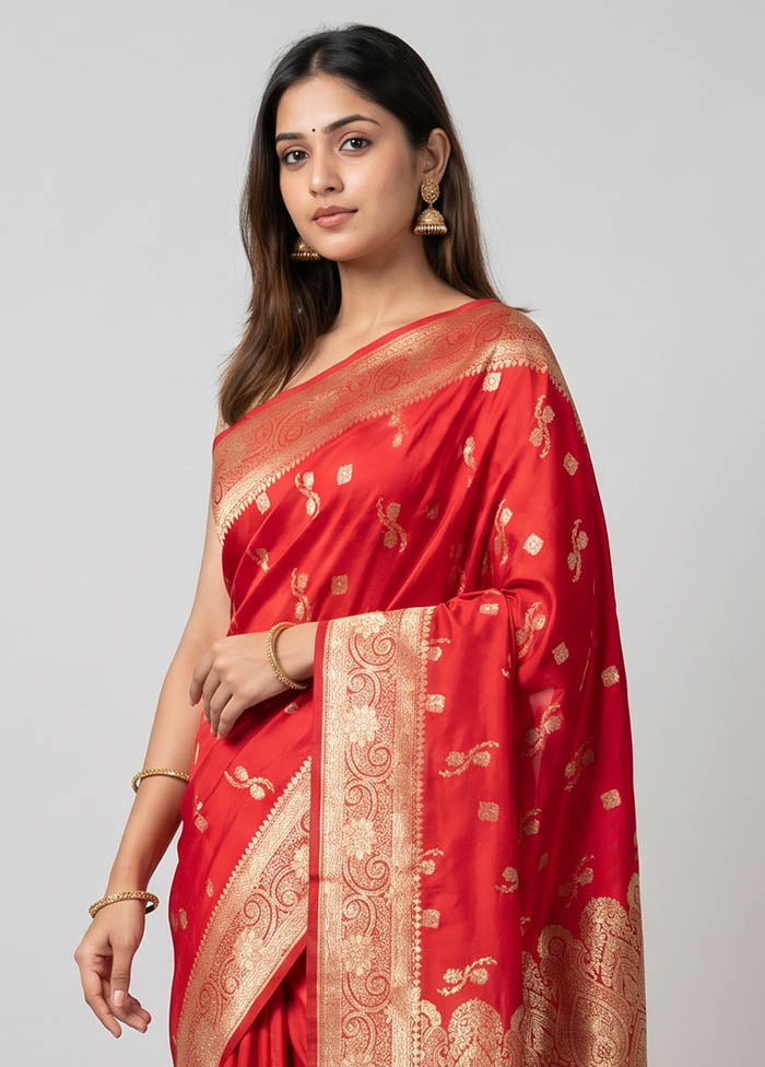 Red Banarasi Silk Saree With Blouse Piece