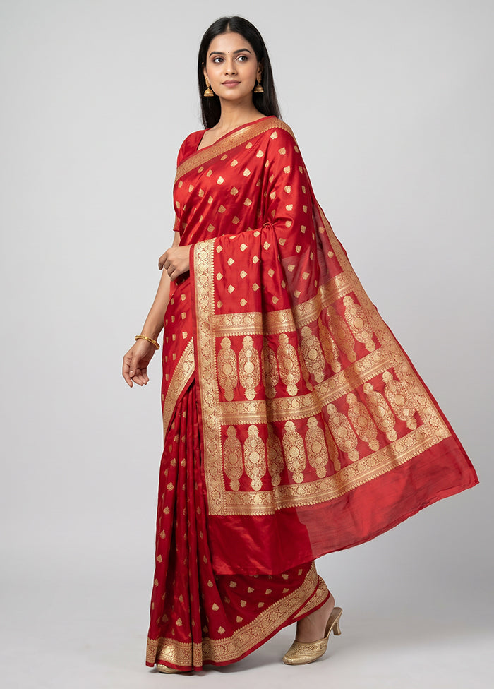 Red Handloom Banarasi Pure Silk Saree With Blouse Piece