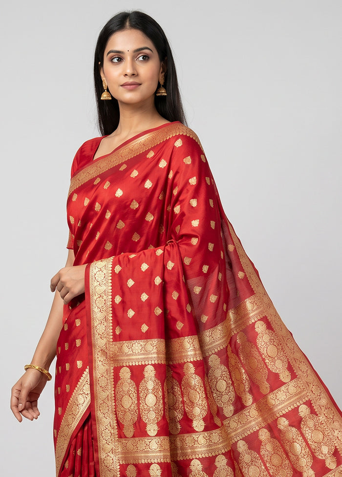 Red Handloom Banarasi Pure Silk Saree With Blouse Piece