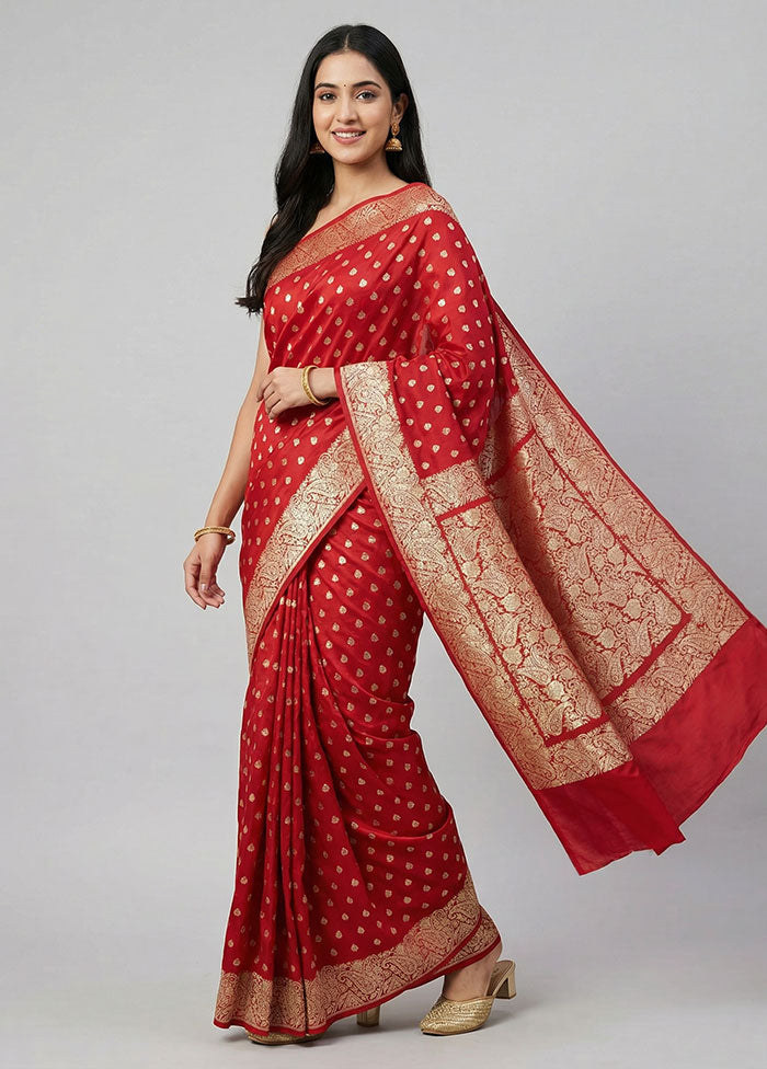 Red Handloom Banarasi Pure Silk Saree With Blouse Piece