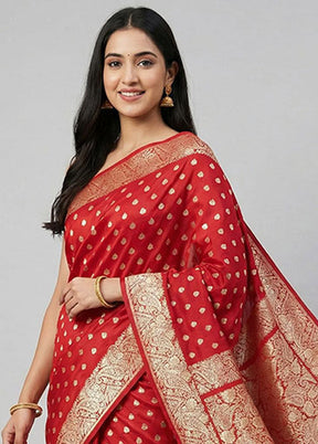 Red Handloom Banarasi Pure Silk Saree With Blouse Piece