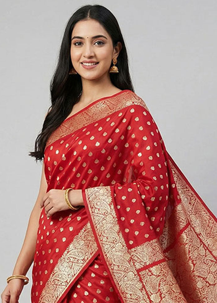 Red Handloom Banarasi Pure Silk Saree With Blouse Piece