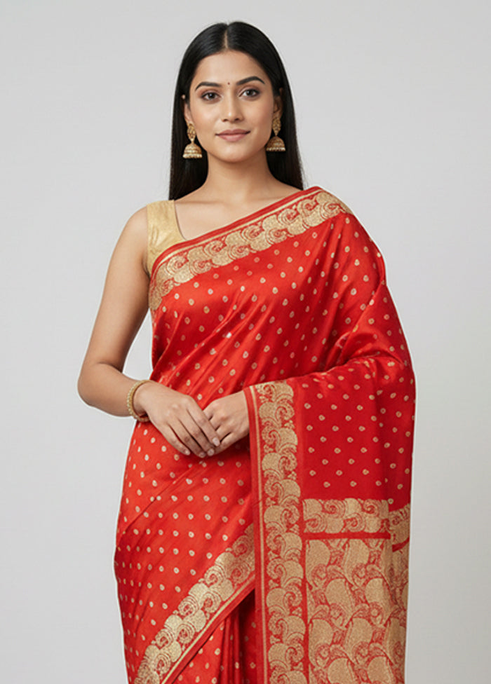 Red Handloom Banarasi Pure Silk Saree With Blouse Piece
