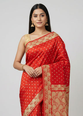 Red Handloom Banarasi Pure Silk Saree With Blouse Piece