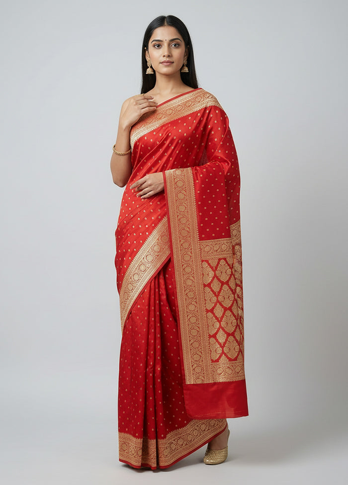 Red Handloom Banarasi Pure Silk Saree With Blouse Piece