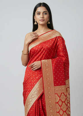 Red Handloom Banarasi Pure Silk Saree With Blouse Piece