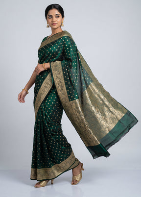 Green Handloom Banarasi Pure Silk Saree With Blouse Piece