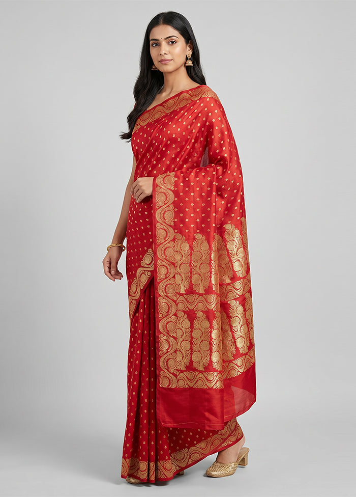 Red Handloom Banarasi Pure Silk Saree With Blouse Piece