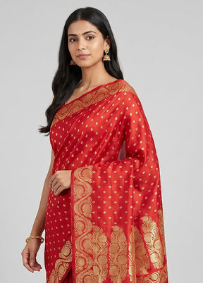 Red Handloom Banarasi Pure Silk Saree With Blouse Piece