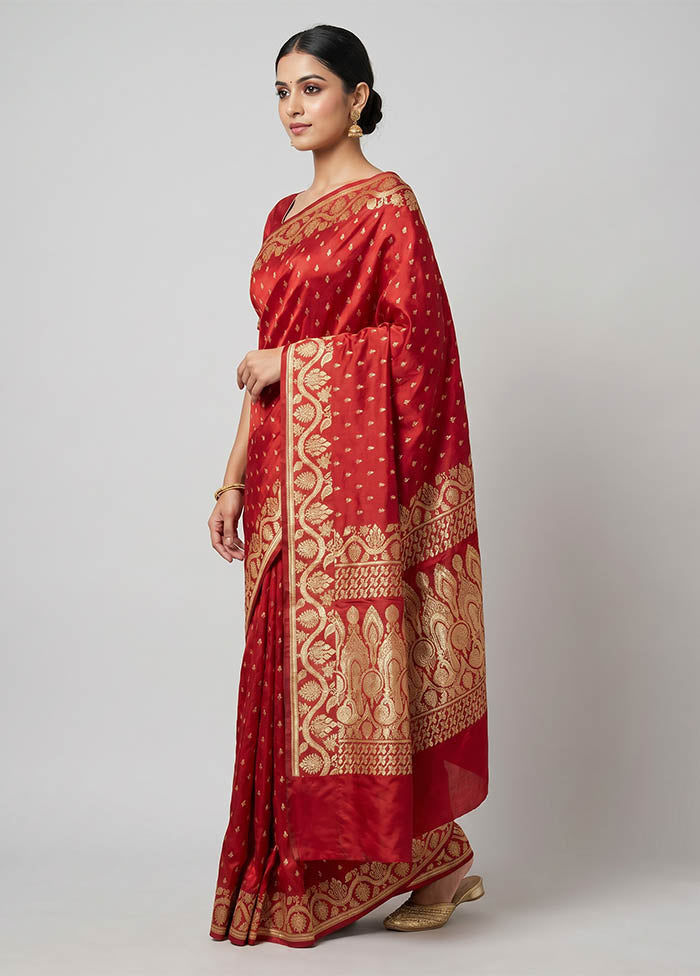 Red Handloom Banarasi Pure Silk Saree With Blouse Piece