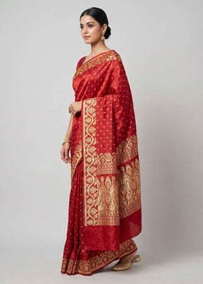 Red Handloom Banarasi Pure Silk Saree With Blouse Piece