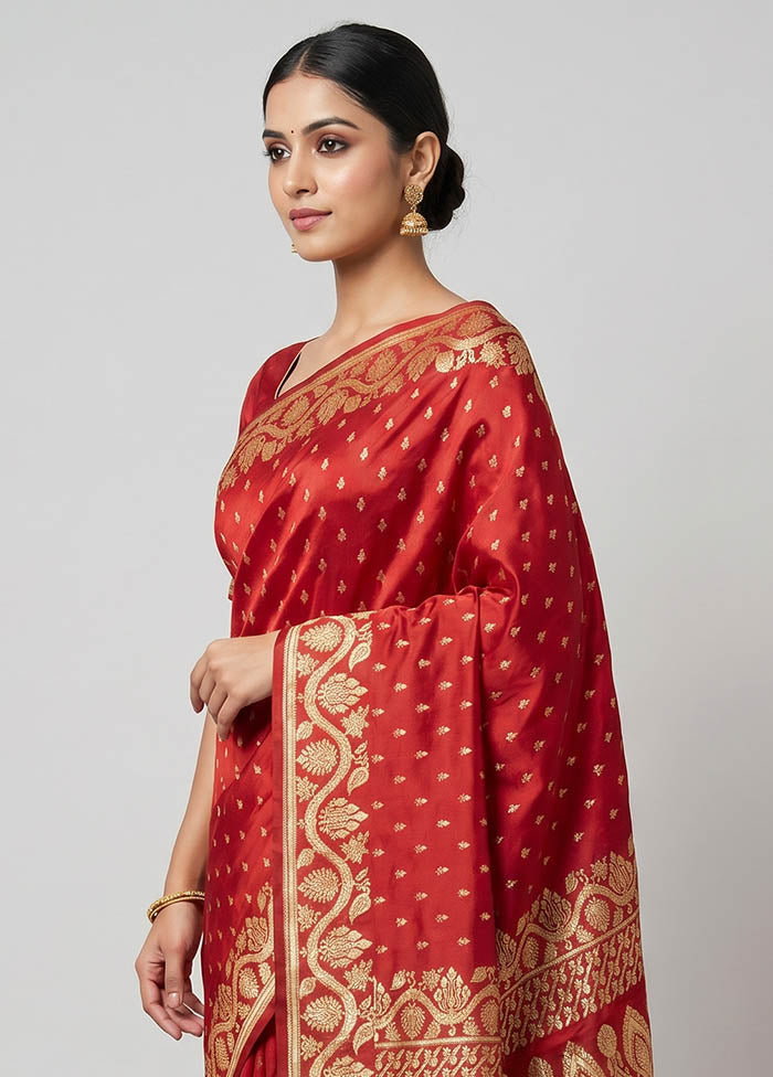 Red Handloom Banarasi Pure Silk Saree With Blouse Piece