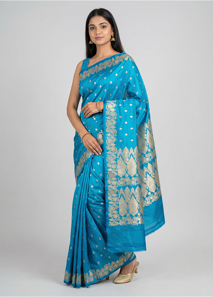 Blue Handloom Banarasi Pure Silk Saree With Blouse Piece