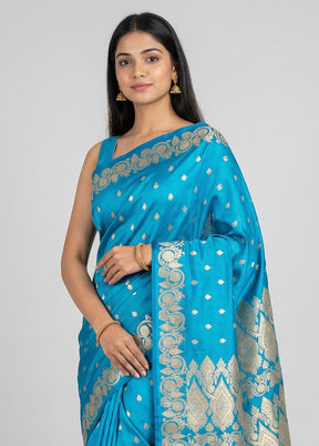 Blue Handloom Banarasi Pure Silk Saree With Blouse Piece