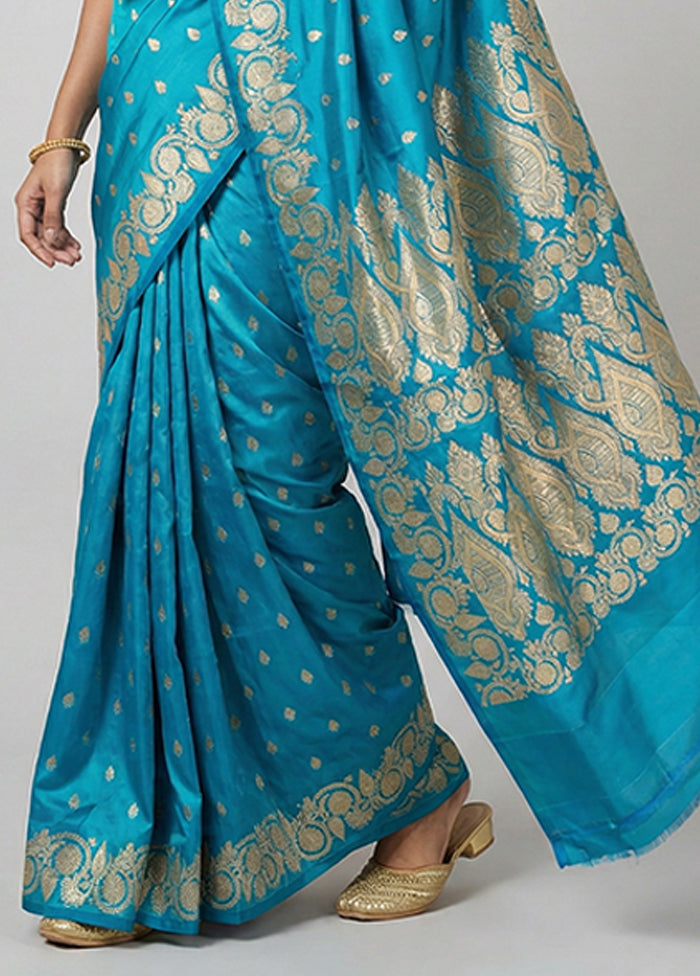 Blue Handloom Banarasi Pure Silk Saree With Blouse Piece