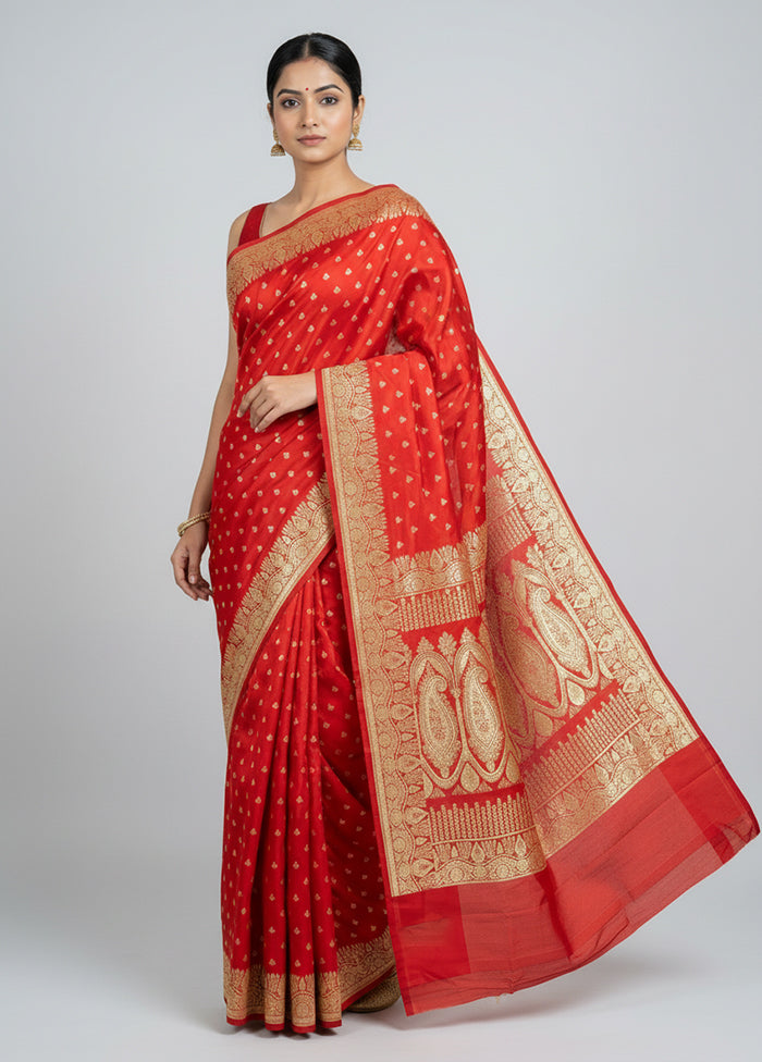 Red Handloom Banarasi Pure Silk Saree With Blouse Piece