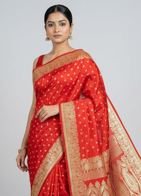 Red Handloom Banarasi Pure Silk Saree With Blouse Piece