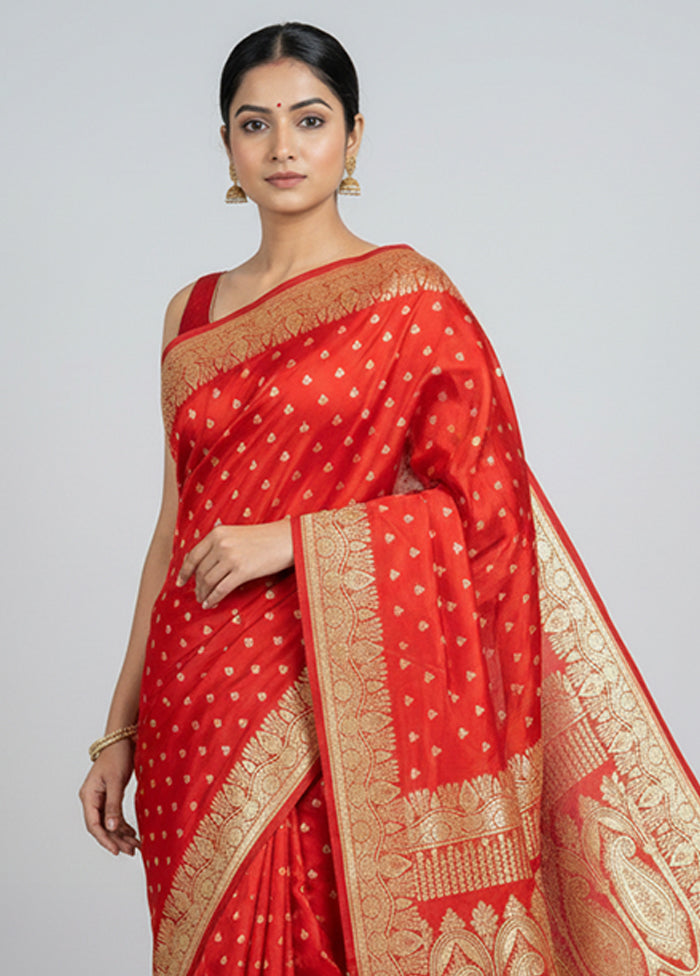 Red Handloom Banarasi Pure Silk Saree With Blouse Piece