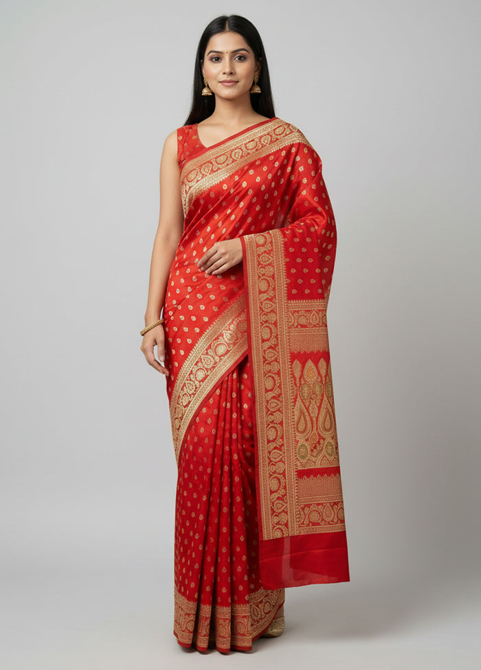 Red Handloom Banarasi Pure Silk Saree With Blouse Piece