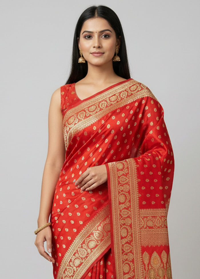 Red Handloom Banarasi Pure Silk Saree With Blouse Piece