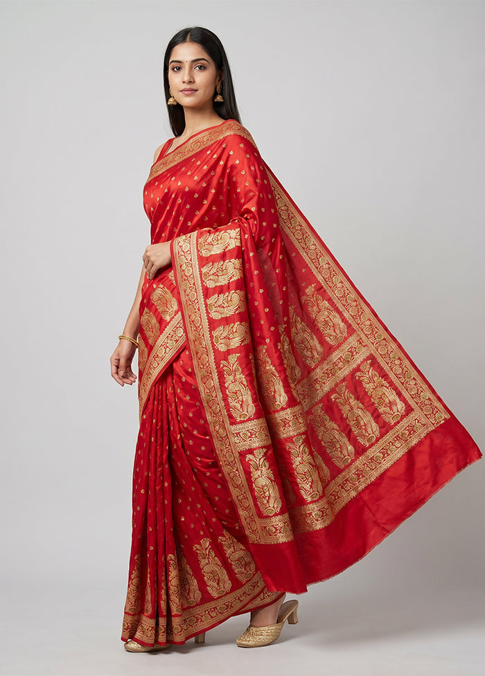 Red Handloom Banarasi Pure Silk Saree With Blouse Piece