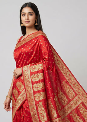 Red Handloom Banarasi Pure Silk Saree With Blouse Piece