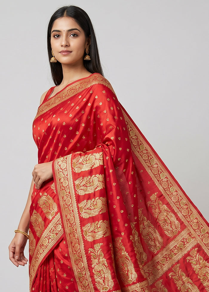 Red Handloom Banarasi Pure Silk Saree With Blouse Piece