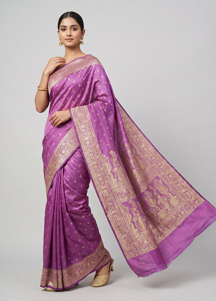 Purple Handloom Banarasi Pure Silk Saree With Blouse Piece