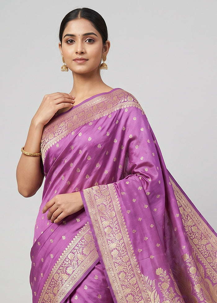 Purple Handloom Banarasi Pure Silk Saree With Blouse Piece
