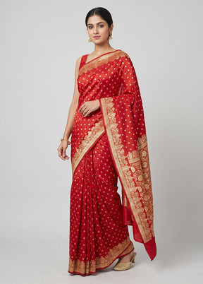 Red Handloom Banarasi Pure Silk Saree With Blouse Piece