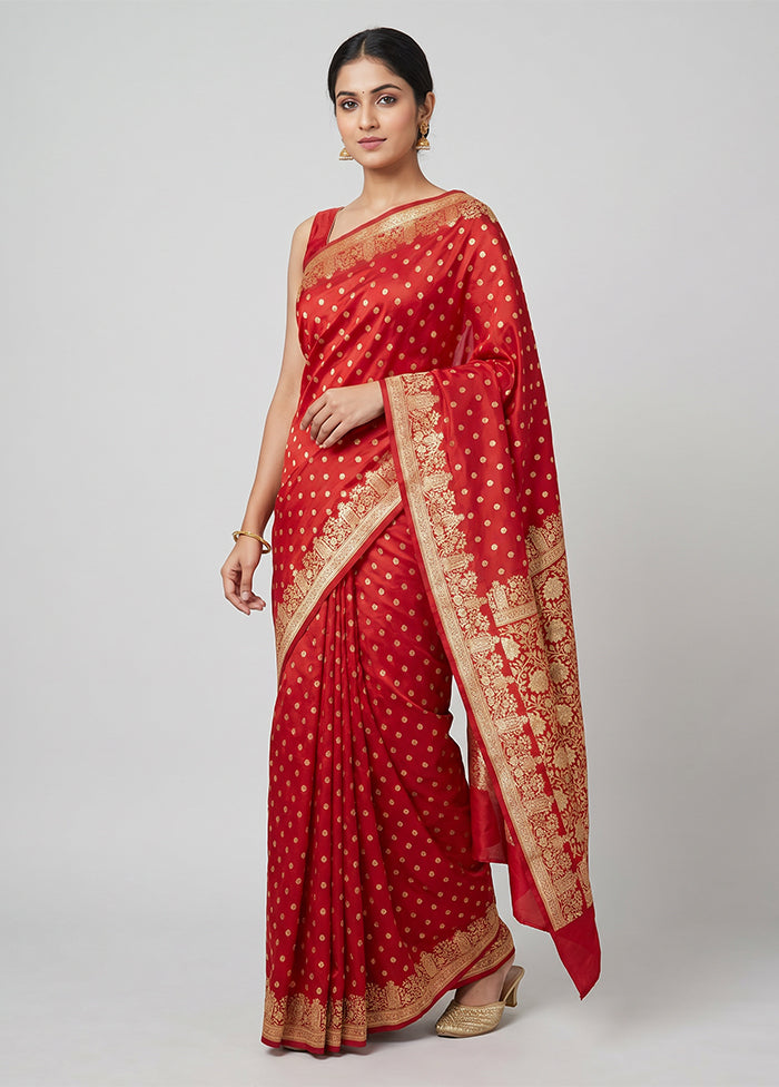 Red Handloom Banarasi Pure Silk Saree With Blouse Piece