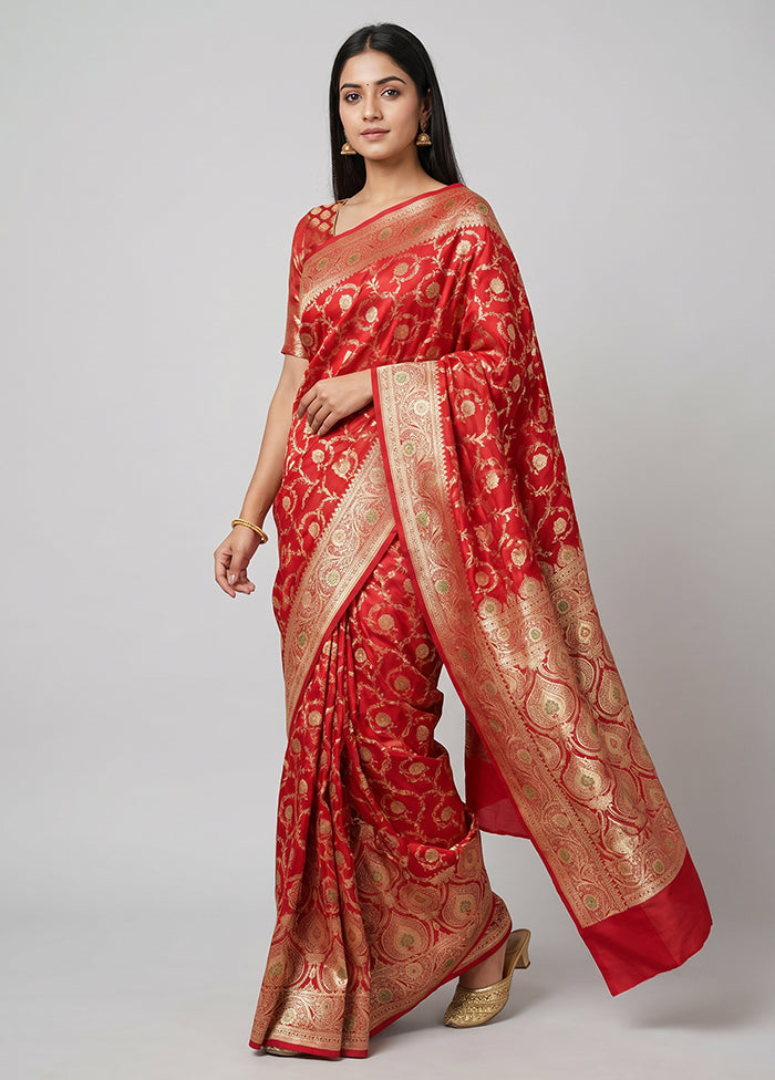 Red Banarasi Silk Saree With Blouse Piece