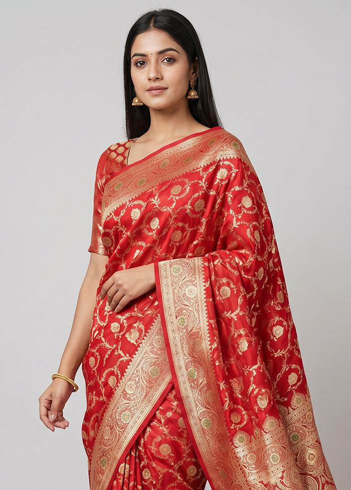 Red Banarasi Silk Saree With Blouse Piece