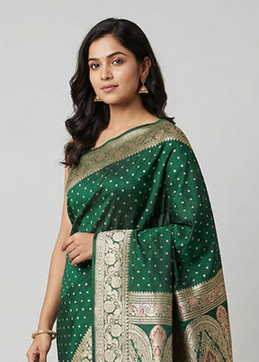Green Handloom Banarasi Pure Silk Saree With Blouse Piece
