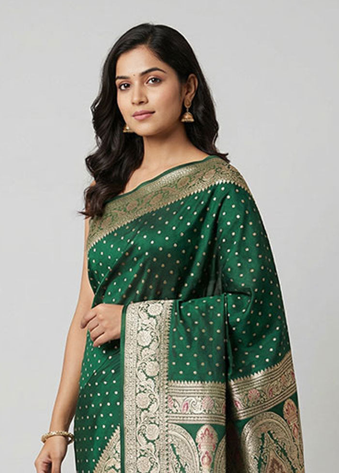 Green Handloom Banarasi Pure Silk Saree With Blouse Piece