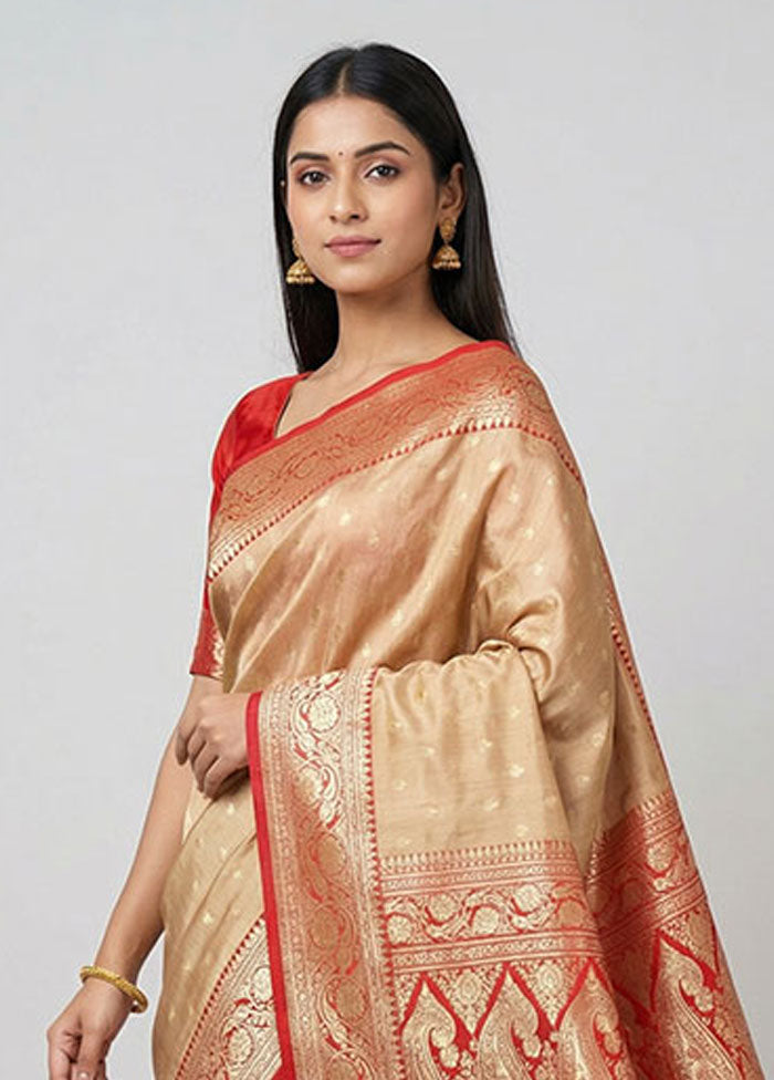 Cream Handloom Banarasi Pure Silk Saree With Blouse Piece