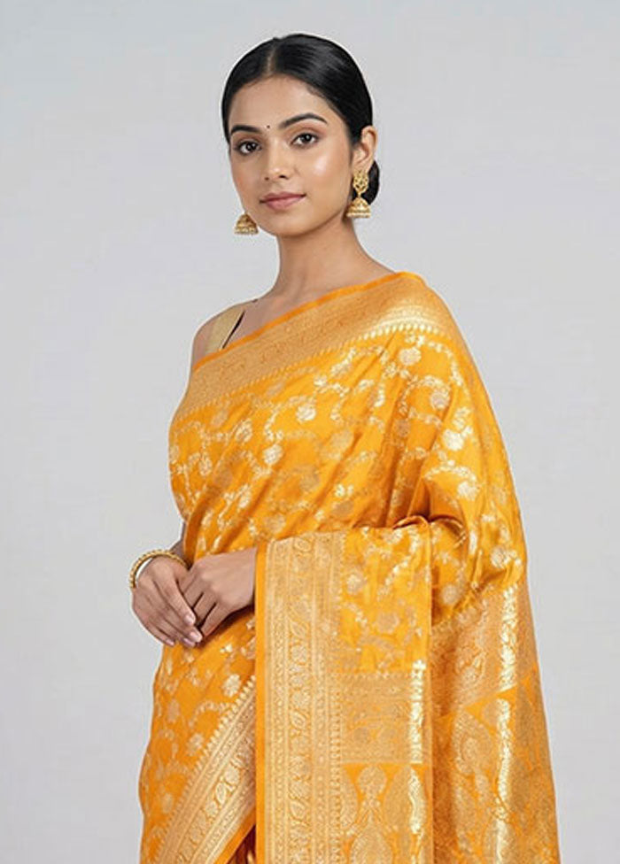 Yellow Handloom Banarasi Pure Silk Saree With Blouse Piece