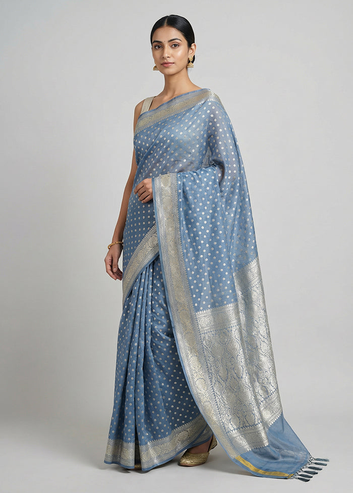Blue Kora Silk Saree With Blouse Piece