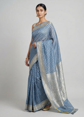 Blue Kora Silk Saree With Blouse Piece