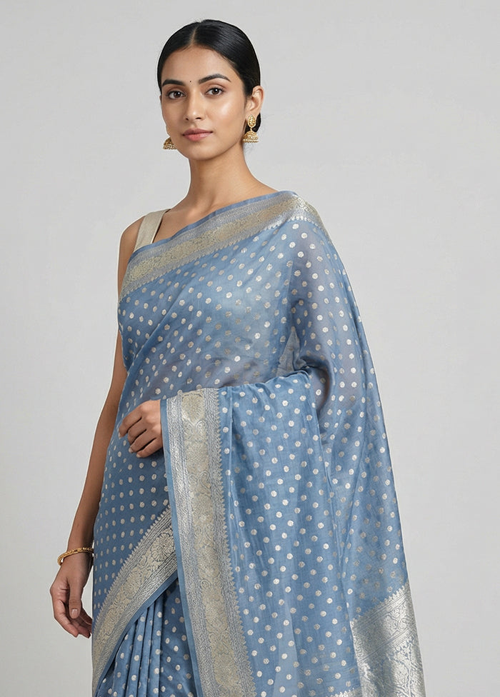 Blue Kora Silk Saree With Blouse Piece