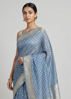 Blue Kora Silk Saree With Blouse Piece